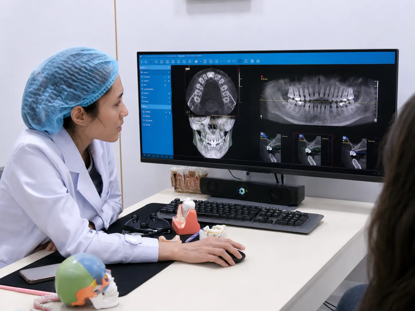 SQ Dentist specialist reviewing a digital 3D dental scan with a patient